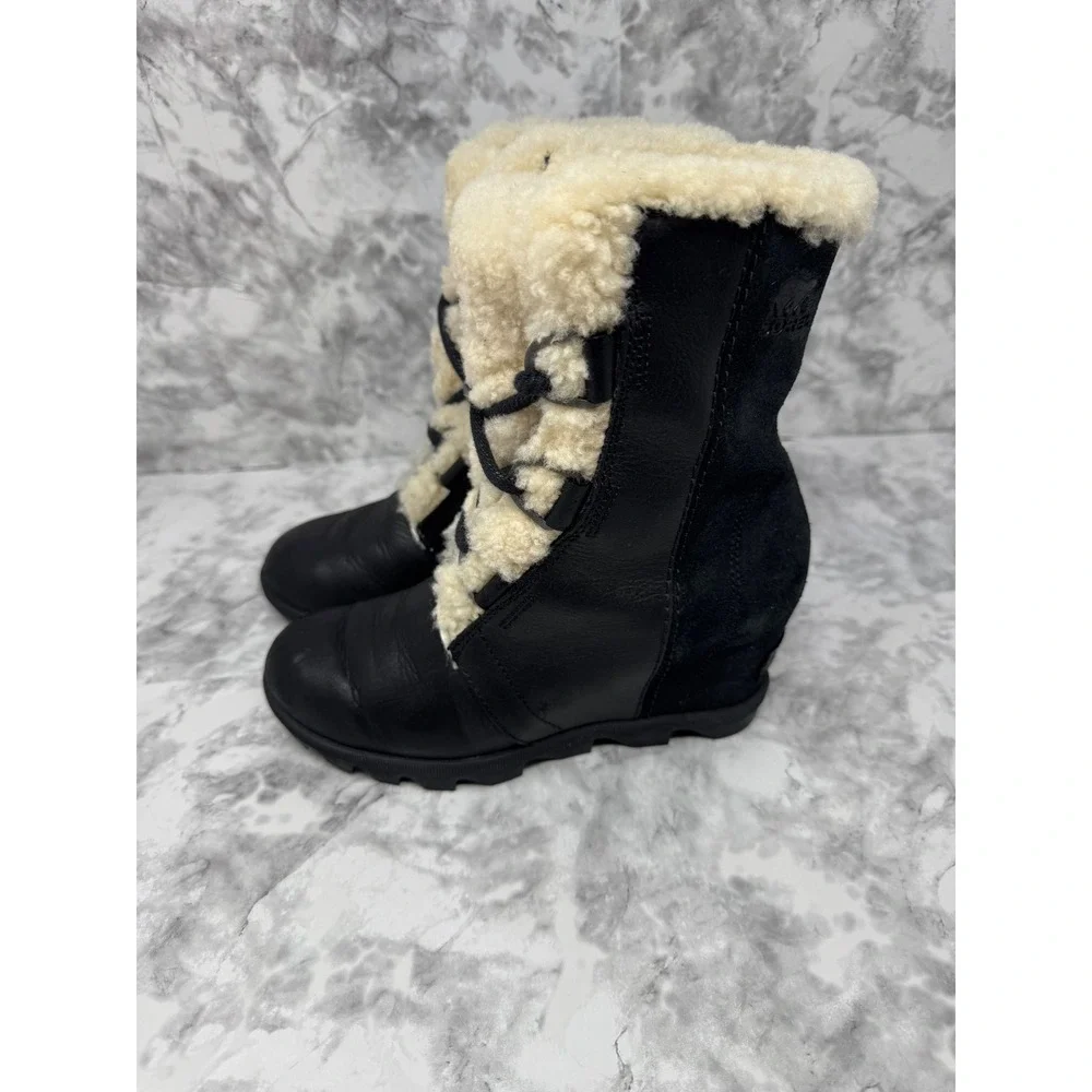 Sorel Joan of‎ Arctic 🖤Wedge II Shearling Black Leather Suede Boots sheep skin
